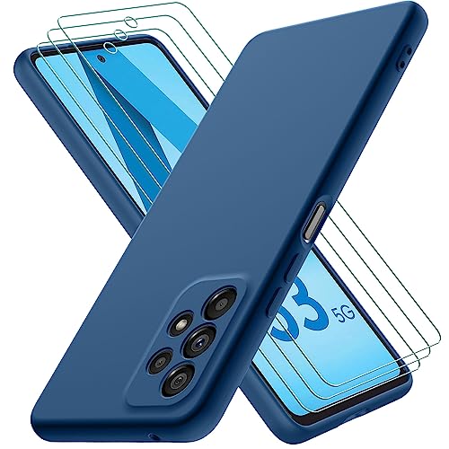 Oureidoo Funda para Samsung Galaxy A53 5G con 3 Piezas Cristal Templado, Carcasa de Sedoso-Tacto Suave Silicona, Cubierta a Prueba de Golpes con Forro de Microfibra, Azul