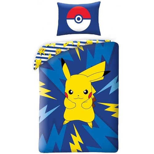 Juego de cama Pokemon Pikachu, 100% algodÃ³n, funda nÃ³rdica reversible de 140 x 200 cm + funda de almohada de 65 x 65 cm