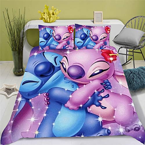 SMNVCKJ Ropa de cama para adolescentes Lilo y Stitch Ropa de cama de dibujos animados microfibra 3D funda nÃ³rdica y funda de almohada de anime (7,135 x 200)